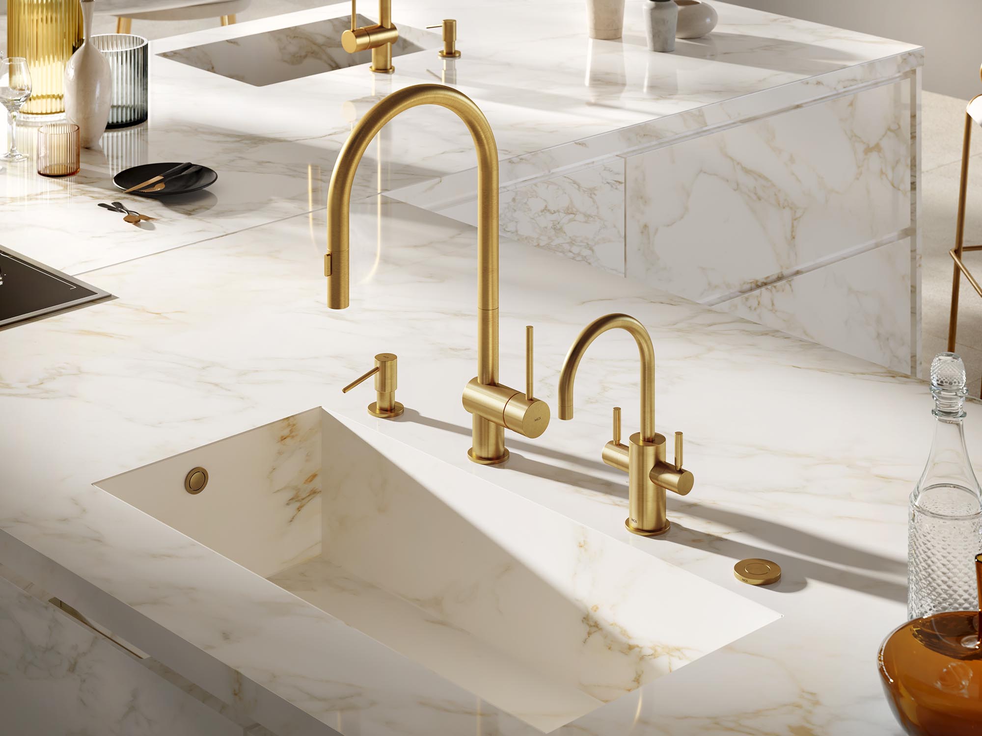Modern kitchen sink with built-in marble basin and gold-tone faucets on a marble countertop.