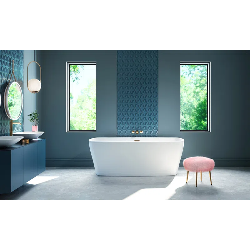 Modern bathroom with freestanding white bathtub, blue walls, two windows, round mirror, and pink stool.