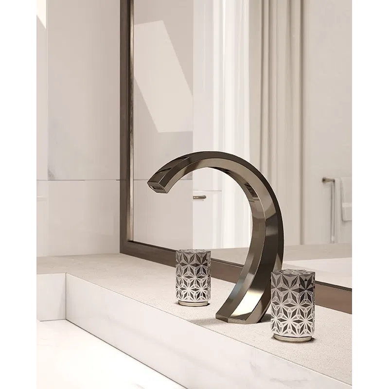 Sleek modern black faucet and textured glass handles on beige countertop with mirror and white wall background.