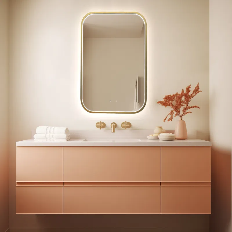 Modern bathroom vanity with illuminated mirror, beige countertop, peach cabinets, and decorative vase with dried flowers.