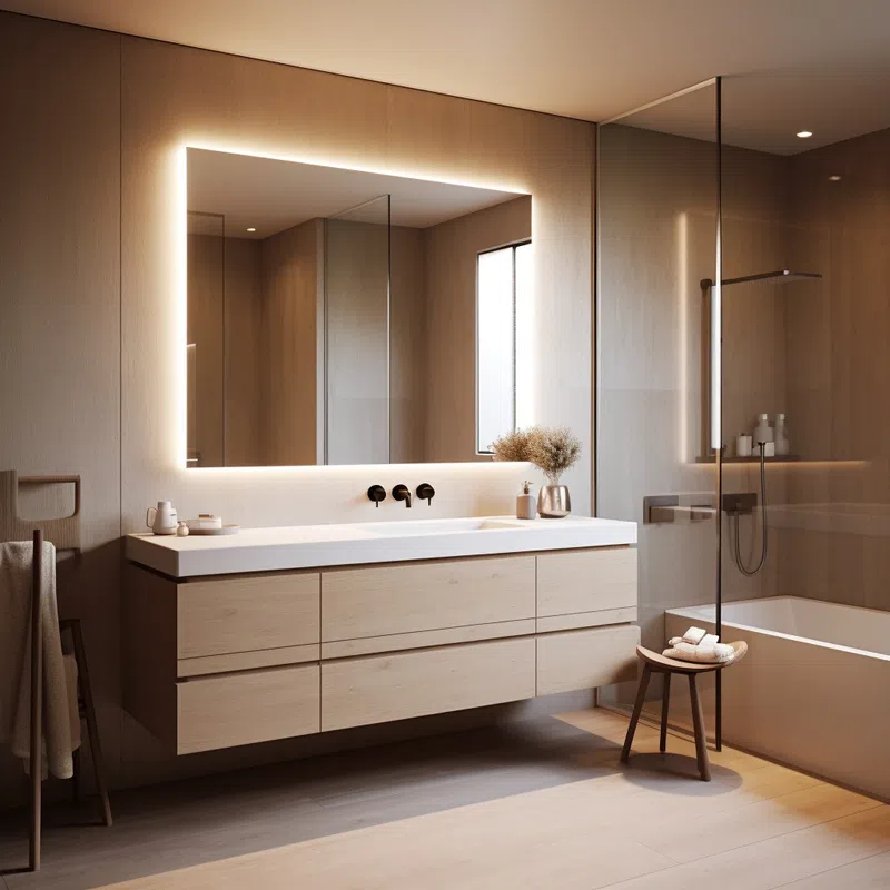 Minimalist bathroom with wooden vanity, backlit mirror, glass shower enclosure, and neutral decor accents.