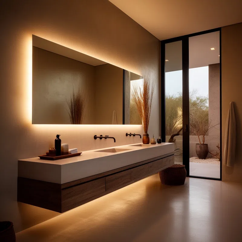Modern bathroom with warm backlit mirror, double sink vanity, natural decor, and large glass door opening to outdoor space