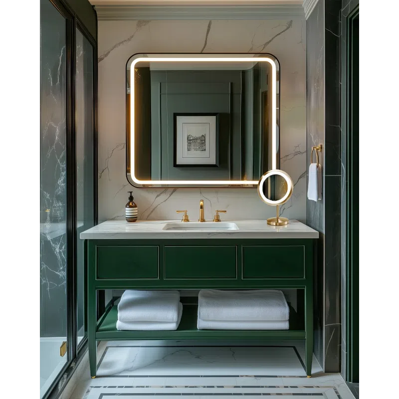 Modern bathroom with green vanity, illuminated rectangular mirror, gold fixtures, and folded white towels on shelf