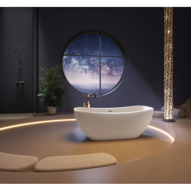 Modern freestanding bathtub in a dark bathroom with round window showing starry night sky, plant, and ambient lighting.