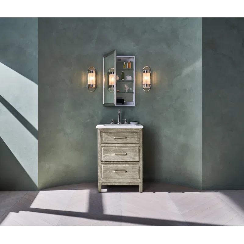 Bathroom vanity with sink, open mirrored medicine cabinet, and wall sconces against green textured wall