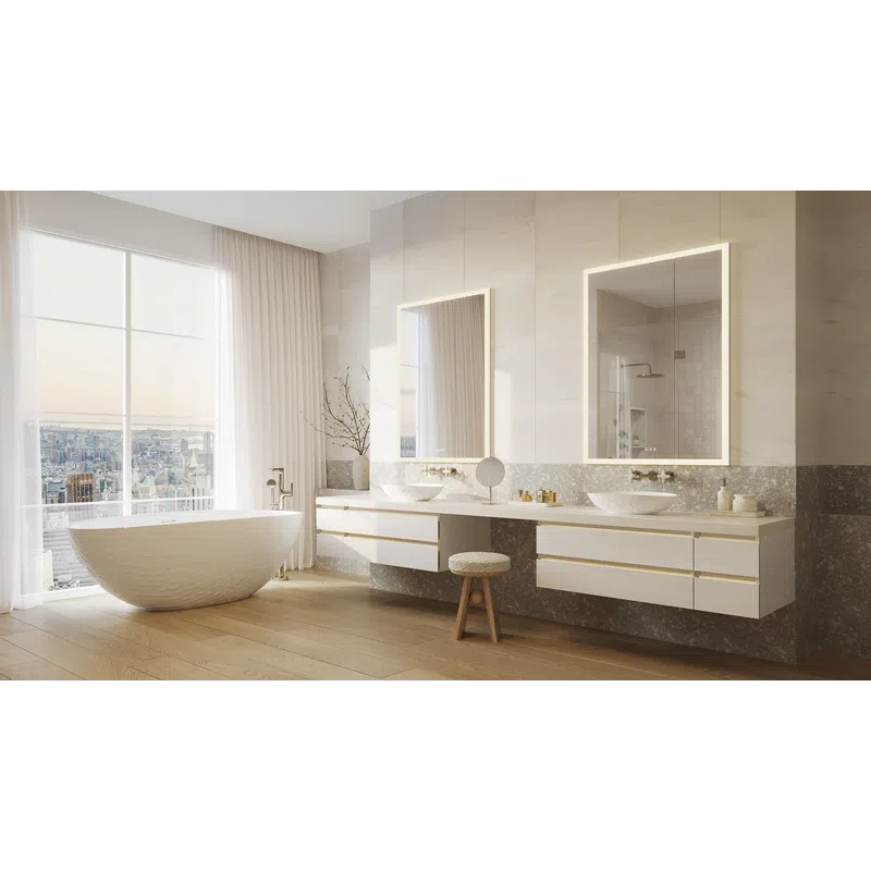 Bright modern bathroom with freestanding tub, double sinks, large mirrors, wood flooring, and city view through window.
