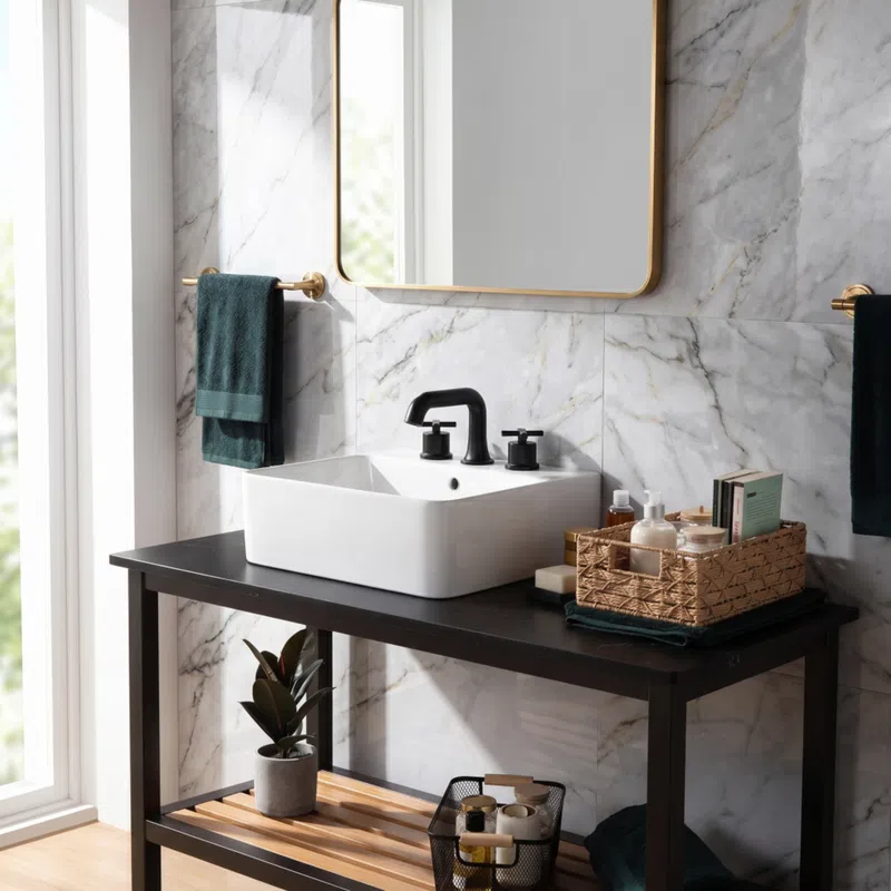 Modern bathroom sink with black faucet on wooden counter, marble wall, green towels, and decorative storage baskets