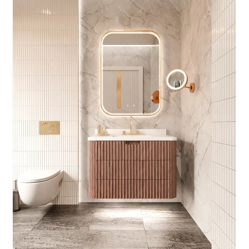 Modern bathroom with floating wooden vanity, illuminated mirror, wall-mounted toilet, and marble and tile walls.