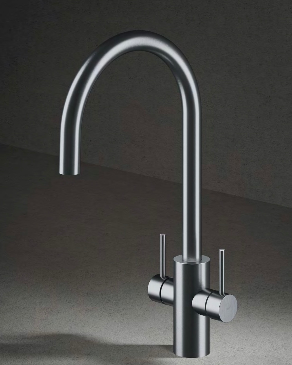 Modern stainless steel kitchen faucet with dual handles and a high curved spout on a gray surface.