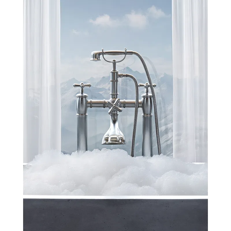 Modern silver bathtub faucet with handheld shower and foam bubbles against mountain and curtain backdrop
