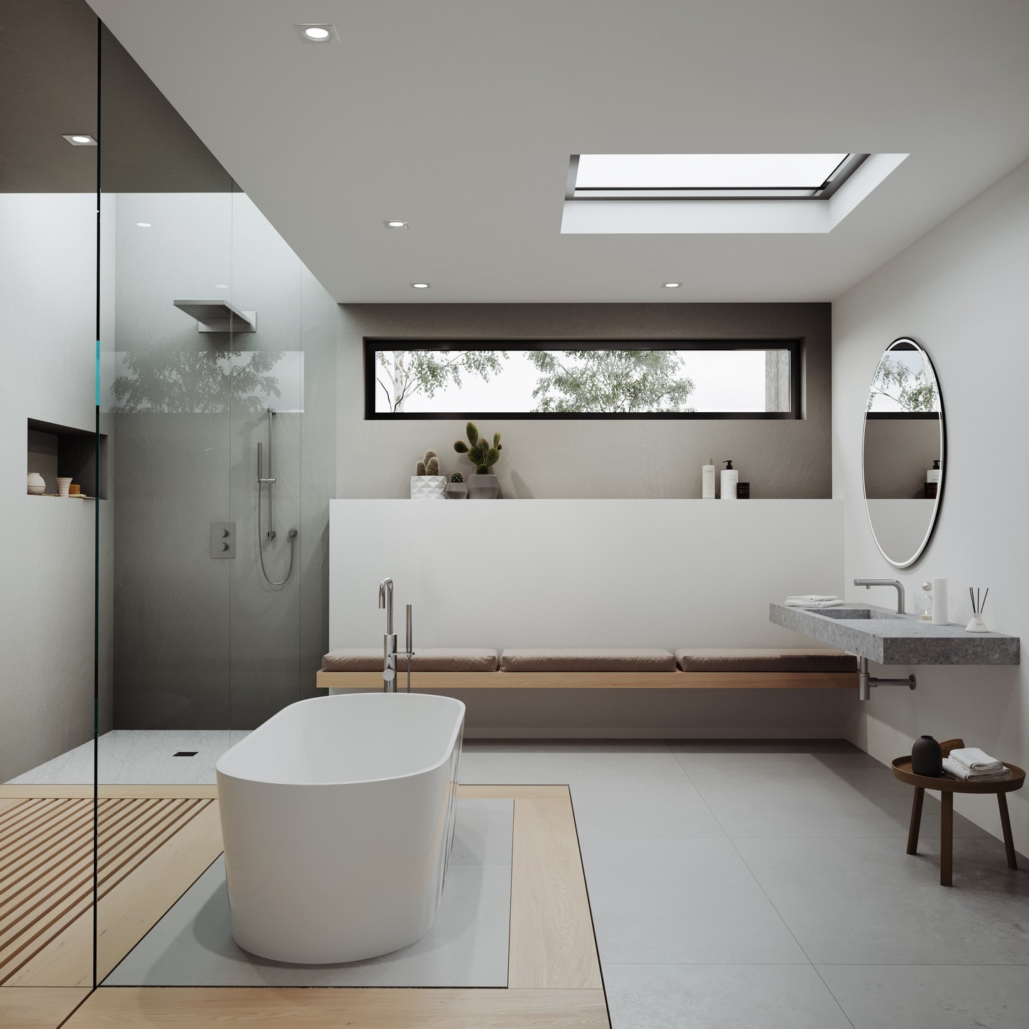 Modern minimalist bathroom with freestanding tub, glass shower, skylight, and wooden bench seating.