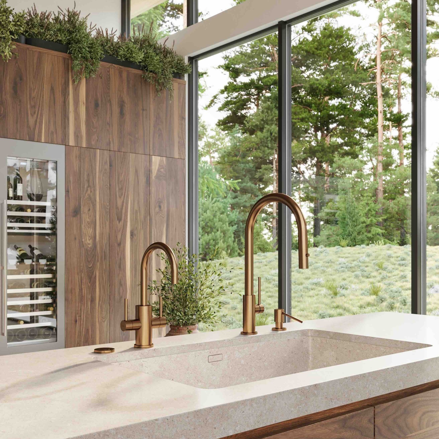 Modern kitchen with dual bronze faucets, stone countertop, wood cabinetry, and large windows overlooking greenery