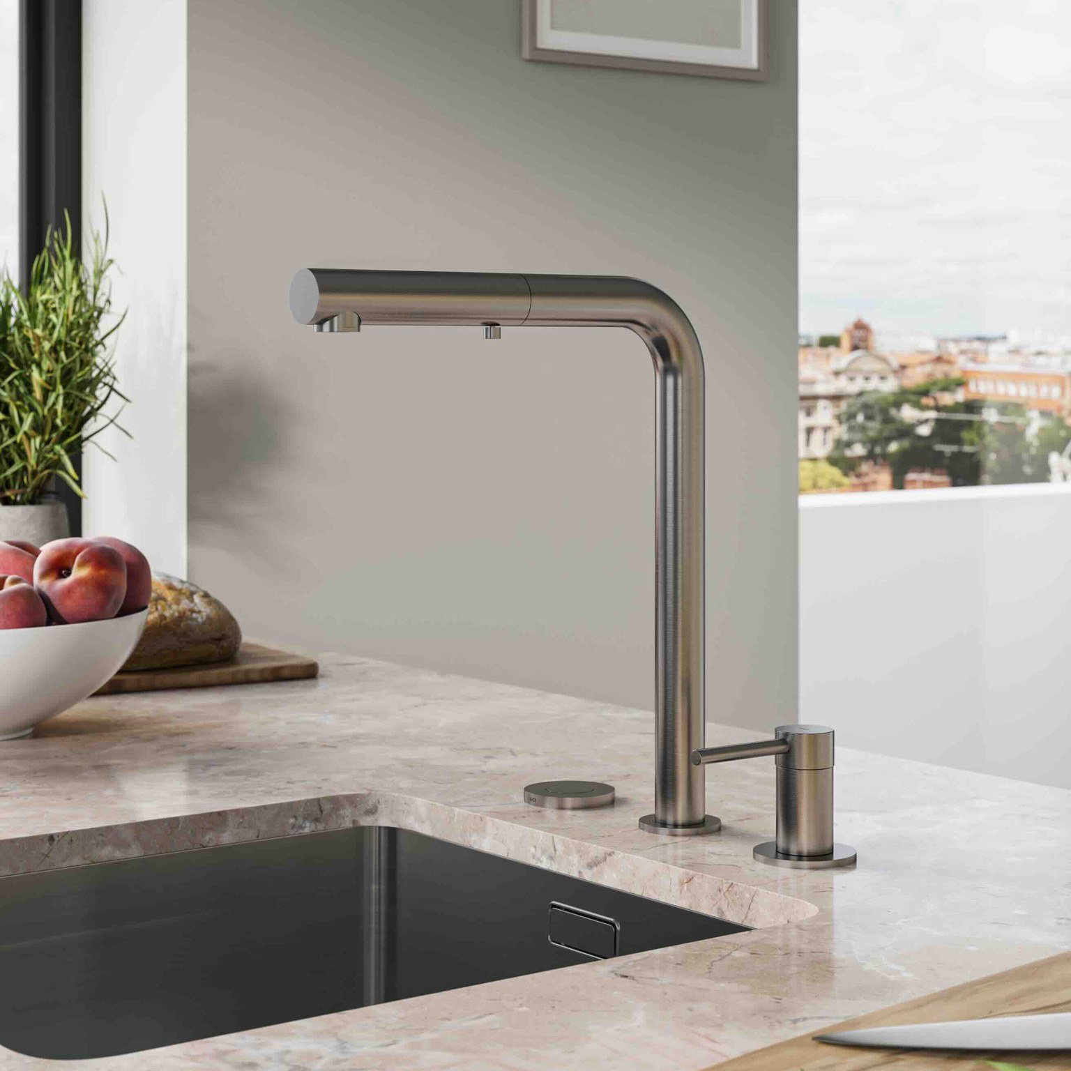 Modern stainless steel kitchen faucet with matte countertop and black sink under natural daylight
