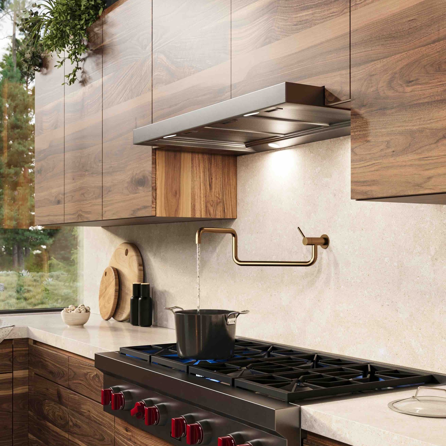 Modern kitchen with wooden cabinets, gas stove, brass pot filler faucet, and a pot boiling water.