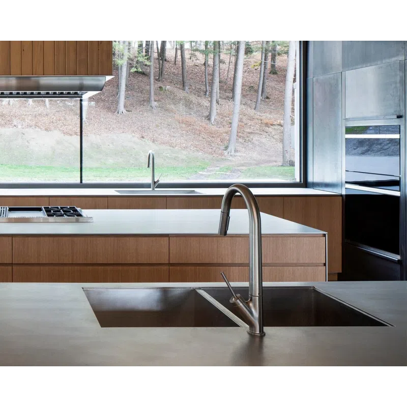 Modern kitchen with stainless steel double sink, wooden cabinets, large window showing wooded outdoor scenery.