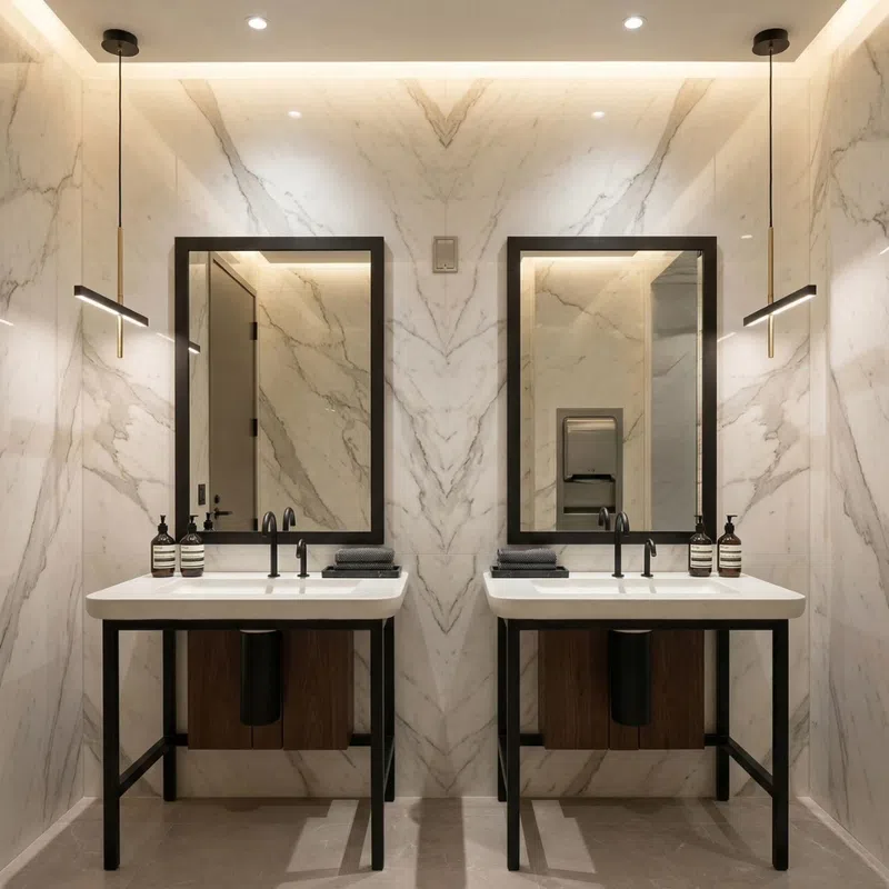 Modern bathroom with dual sinks, black-framed mirrors, marble walls, and minimalist pendant lights.