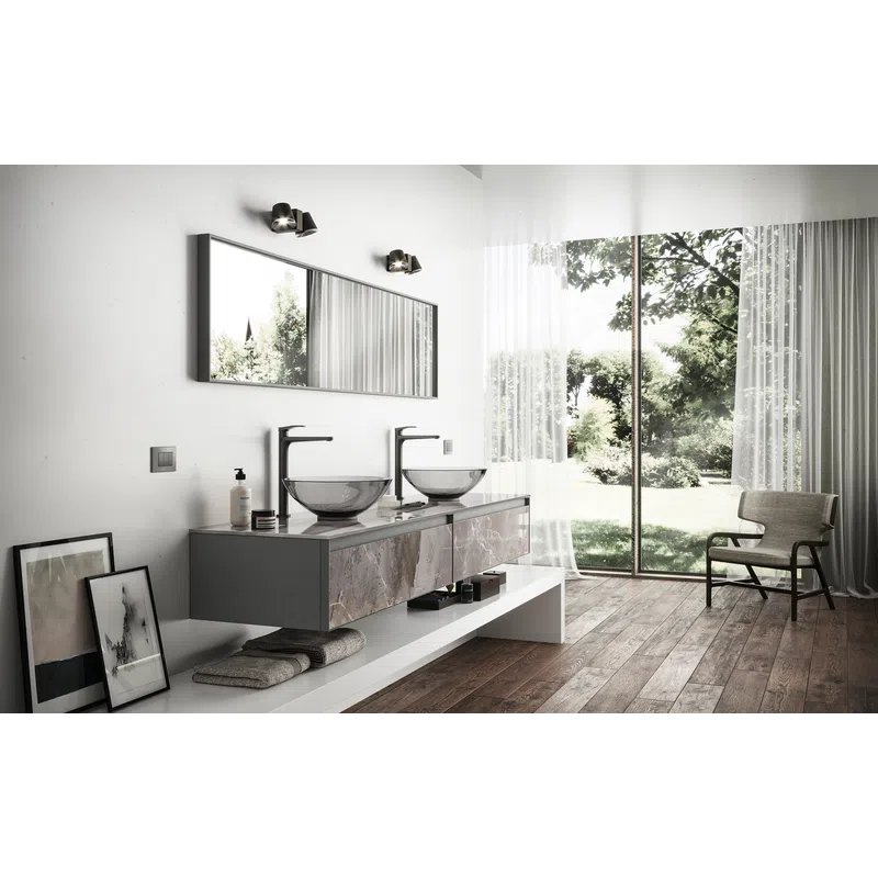 Modern bathroom with double vessel sinks, large mirror, wooden floors, and floor-to-ceiling glass window.