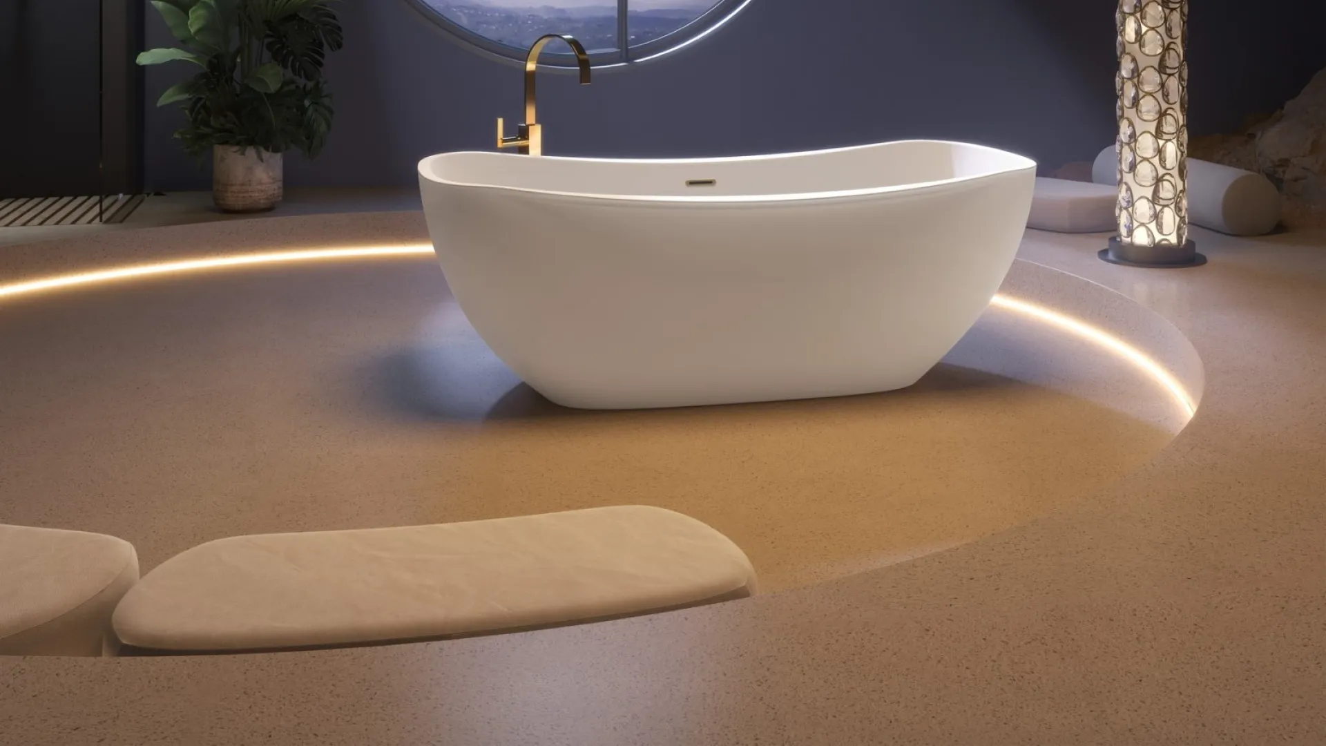 Freestanding white soaking tub with a gold floor-mounted faucet in a softly lit modern bathroom.