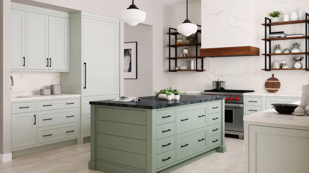 A kitchen with white cabinets