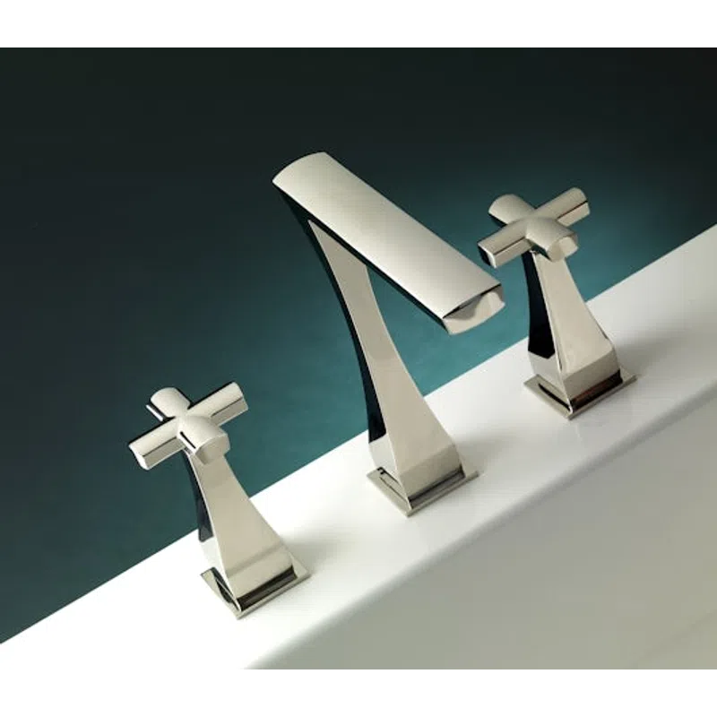 Modern chrome faucet and dual cross-handle taps mounted on a white bathtub edge with teal background.