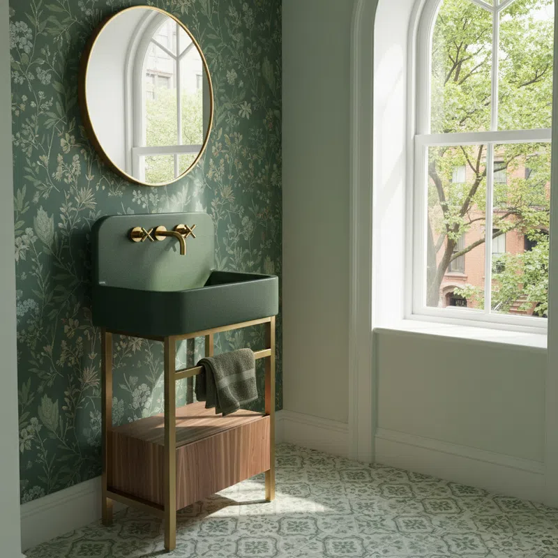Green bathroom sink with gold fixtures and floral wallpaper next to a large arched window with natural light.