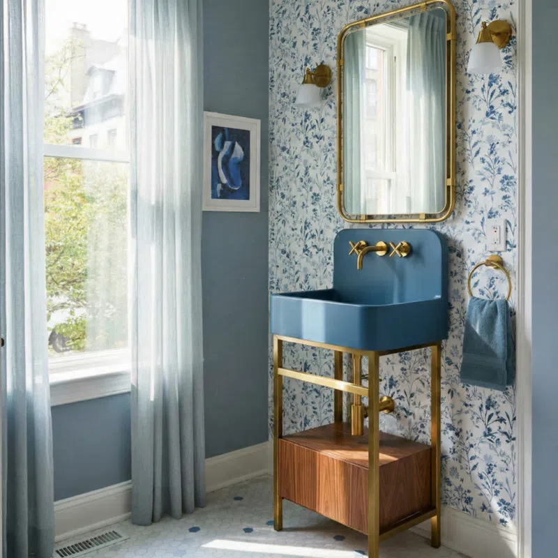 Modern blue sink with gold fixtures and wooden cabinet in a floral wallpaper bathroom with natural light.