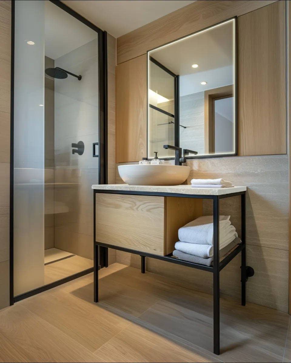 Modern bathroom with wooden vanity, vessel sink, black fixtures, backlit mirror, and glass-enclosed shower.