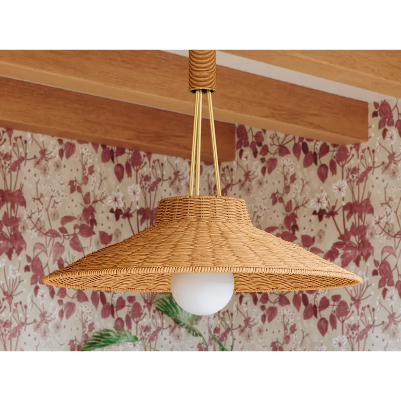 Woven rattan pendant lamp with white bulb hangs over green plant against floral wallpaper and wood beams.
