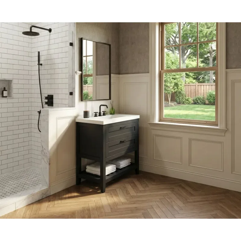 Modern bathroom with black vanity, white subway tile shower, large window, and herringbone wood floor.