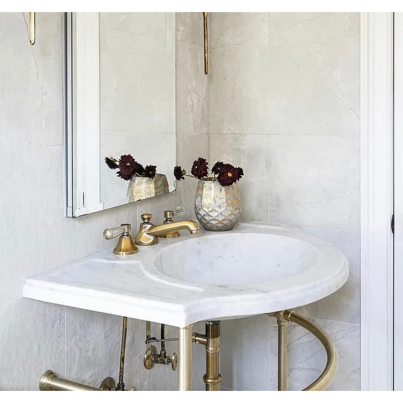 Elegant bathroom corner with white marble sink, brass faucet, vase with dark flowers, and wall sconce light.