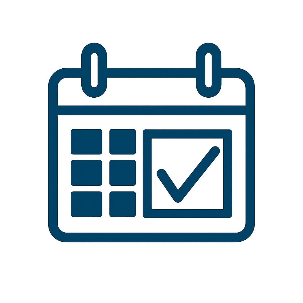 Blue calendar icon with a checkmark on a date indicating a scheduled or completed event.