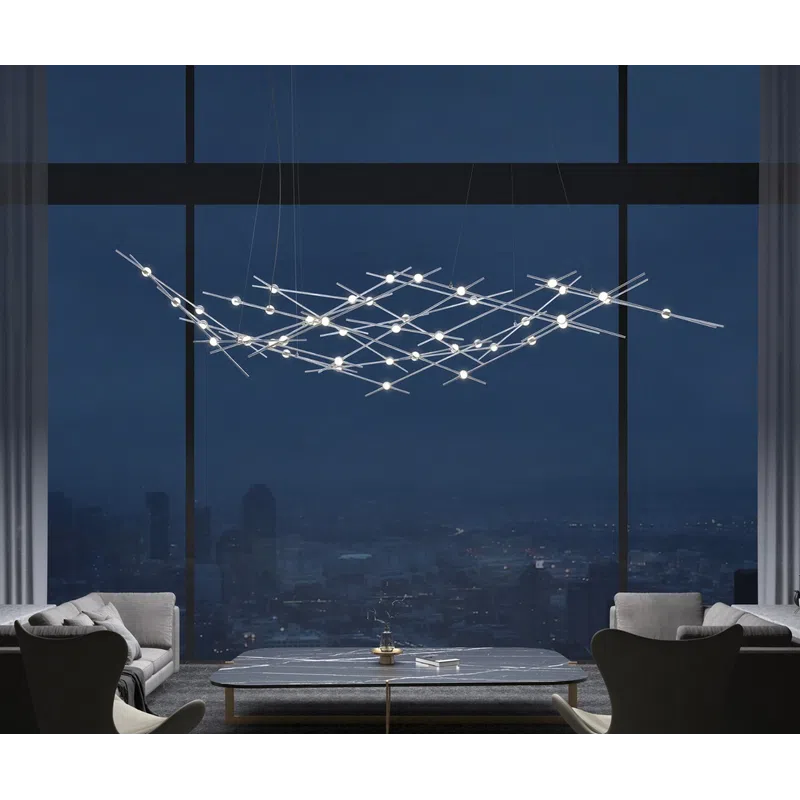 Modern living room with large windows, sleek chandelier, minimalist furniture, and cityscape night view.
