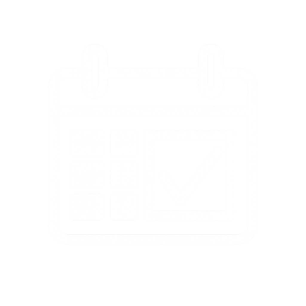 Minimalist white calendar icon with a checkmark on a black background symbolizing scheduled event.