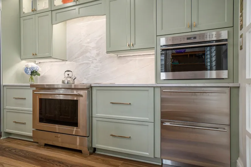 Modern kitchen with green cabinetry, stainless steel appliances, and sleek countertop design.