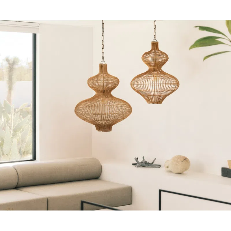 Cozy modern living room with beige sofa, glass table, and two stylish brown Irvine pendant lamps.