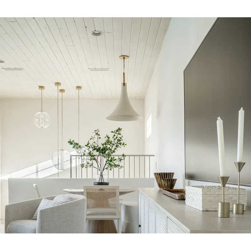 Modern cozy living space with neutral tones, round armchair, wooden dining table, and decorative green plant.