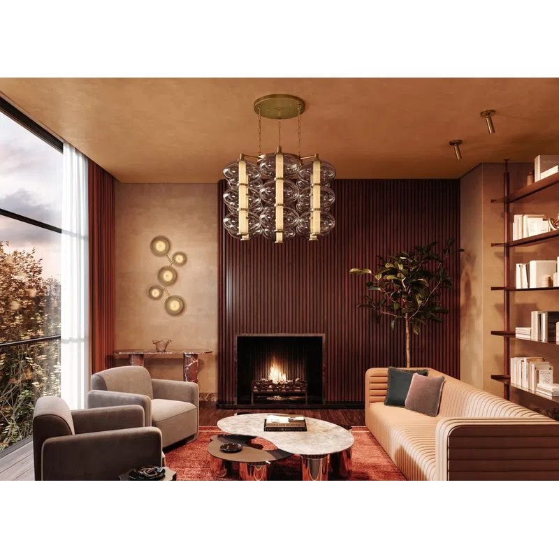 Cozy modern living room with beige sofa, gray chairs, marble coffee tables, fireplace, chandelier, and large window.