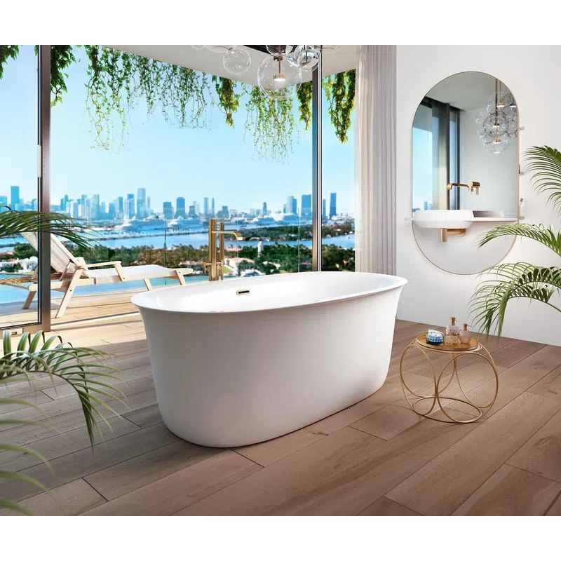 Modern bathroom with freestanding bathtub, floor-to-ceiling windows, city view, hanging plants, and stylish chandelier.