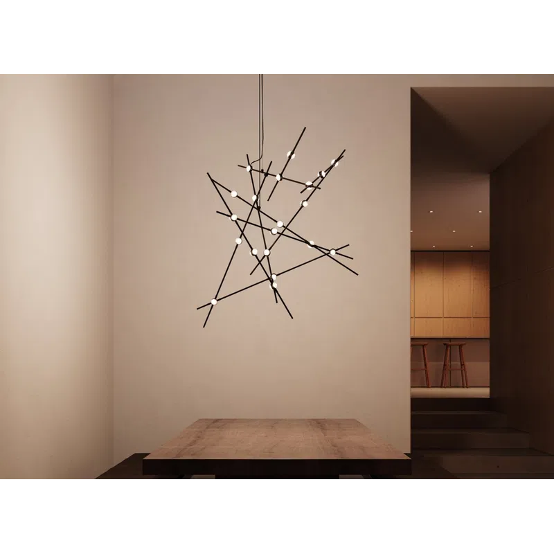 Modern dining area with wooden table, benches, and black geometric chandelier with small round lights