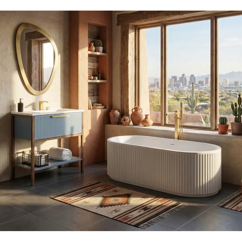 Modern bathroom with oval tub, blue vanity, round mirror, southwestern rug, and city view through large window.