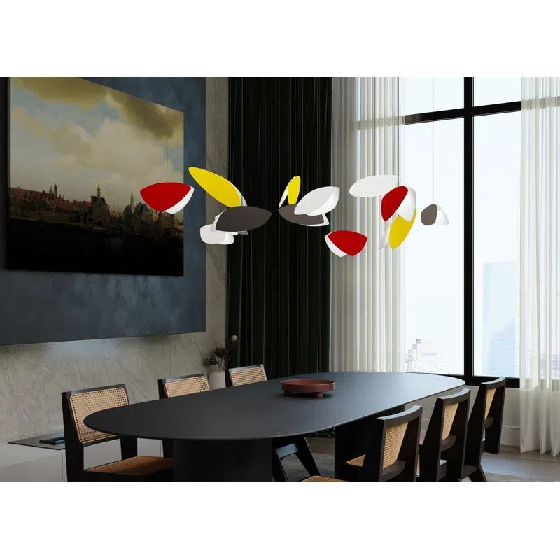 Modern dining room with black oval table, woven chairs, colorful hanging light fixture, and large window with curtains.