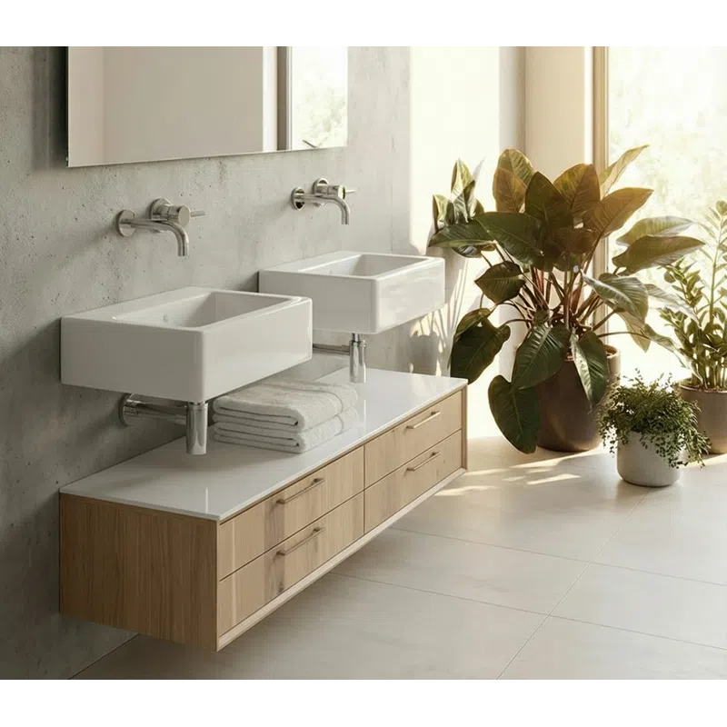 Modern bathroom with dual white sinks, wooden floating vanity, towels, and large plants by sunlit window.