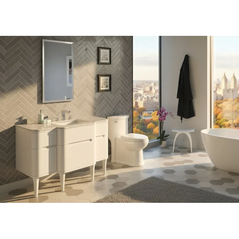 Modern bathroom with white freestanding tub, vanity, toilet, large window showing cityscape and autumn trees