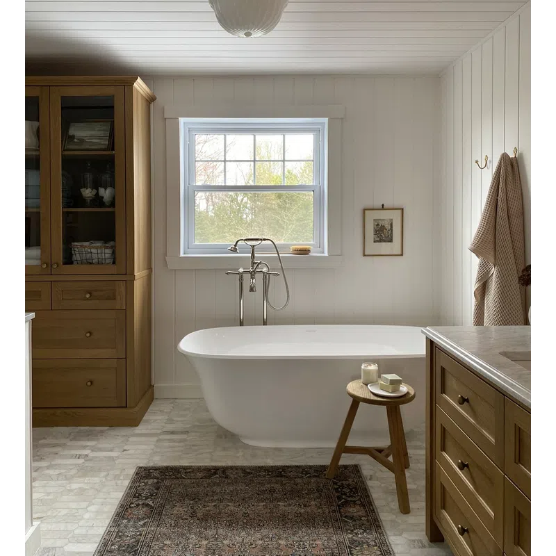 Cozy bathroom with freestanding white tub, wooden cabinets, stool with soap, window, and soft lighting.