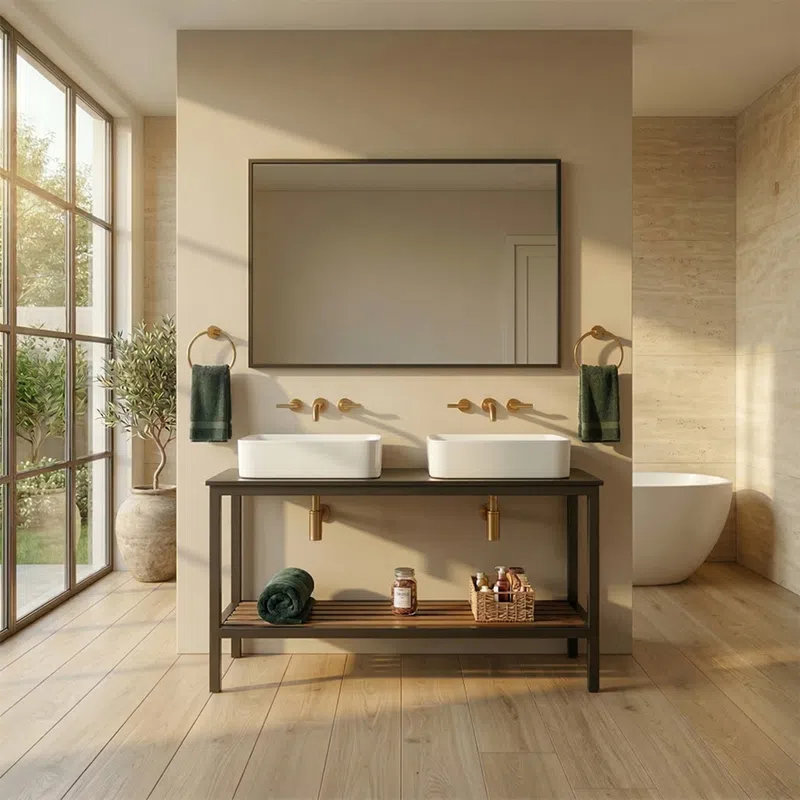 Modern bathroom with double white sinks, large mirror, gold fixtures, green towels, and natural light from floor-to-ceiling window.