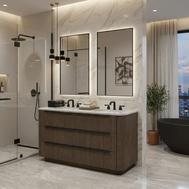 Modern bathroom with double sink vanity, backlit mirrors, glass shower, and freestanding bathtub near city view window.