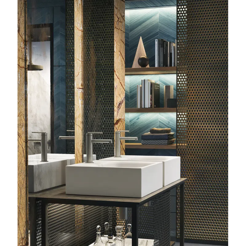 Modern bathroom with dual white rectangular sinks, metal mesh partitions, and backlit wooden shelves with decor.