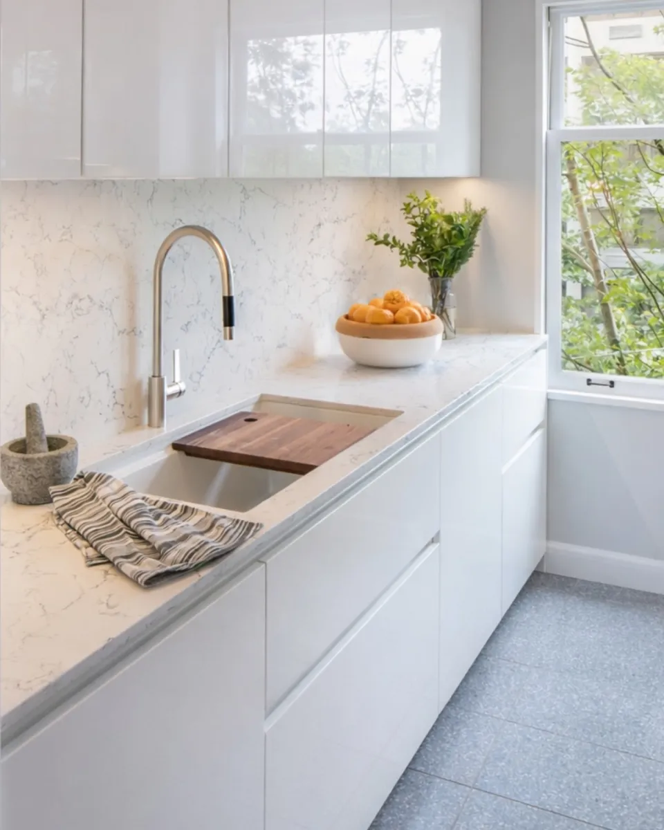 Modern white kitchen countertop with stainless steel faucet, wooden cutting board, bowl of oranges, and window view.