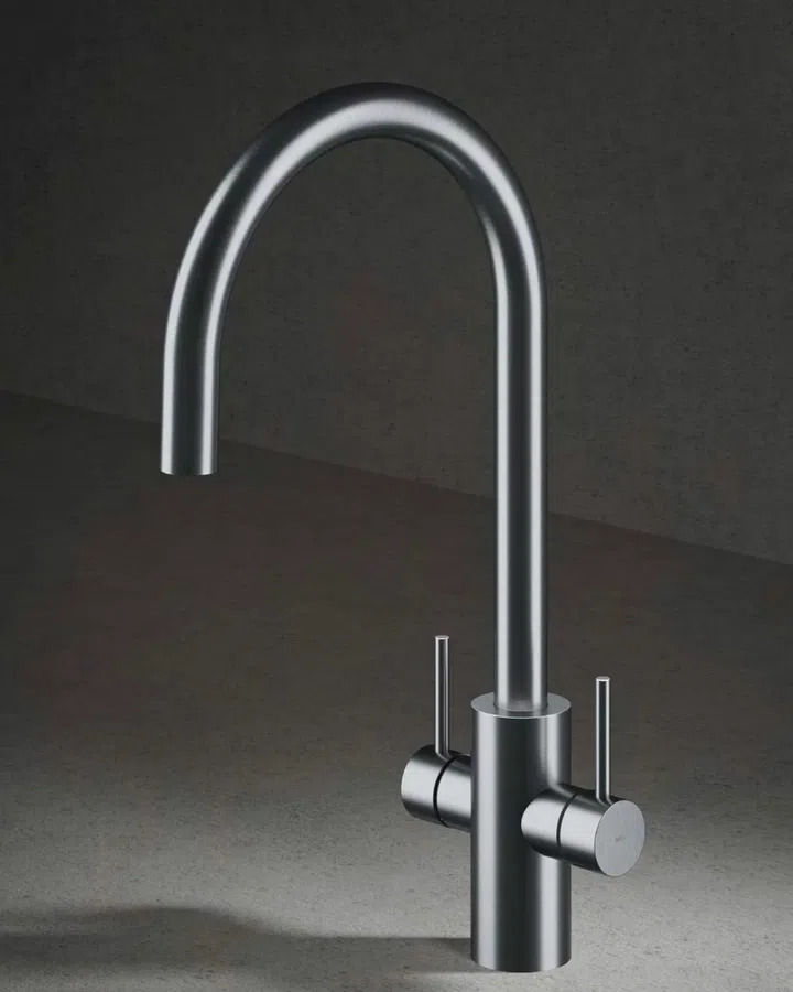 Solid stainless steel MGS Milano kitchen faucet with dual lever handles against a gray textured background.