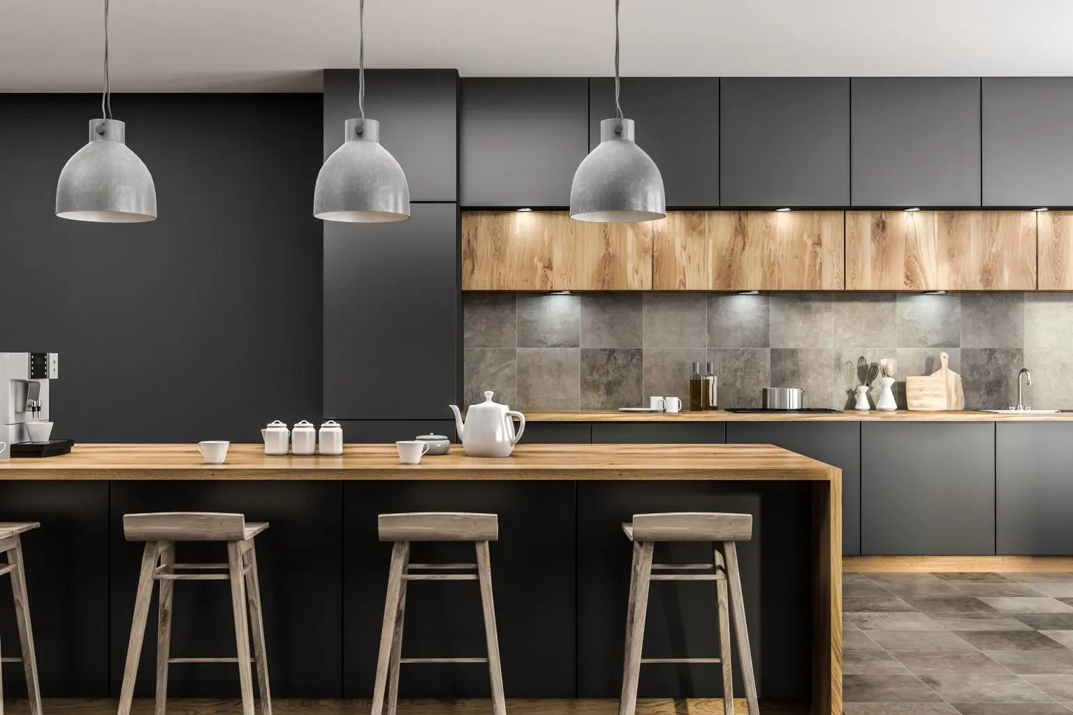 A kitchen with a bar and stools